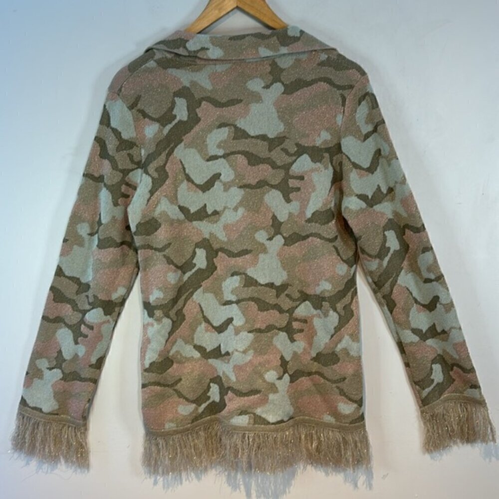 Gabby Isabella Camo Print Metallic Fringed Cardigan Size Small - Picture 8 of 11